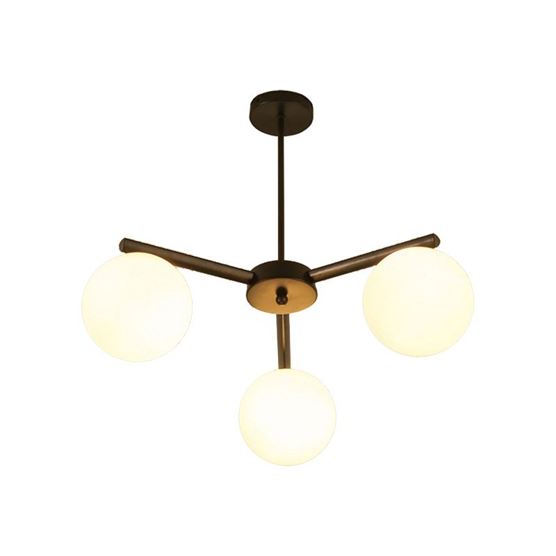 White Glass Globe Hanging Chandelier Traditional 3/6/8 Light Living Room Pendant Light in Black with Sunburst Design