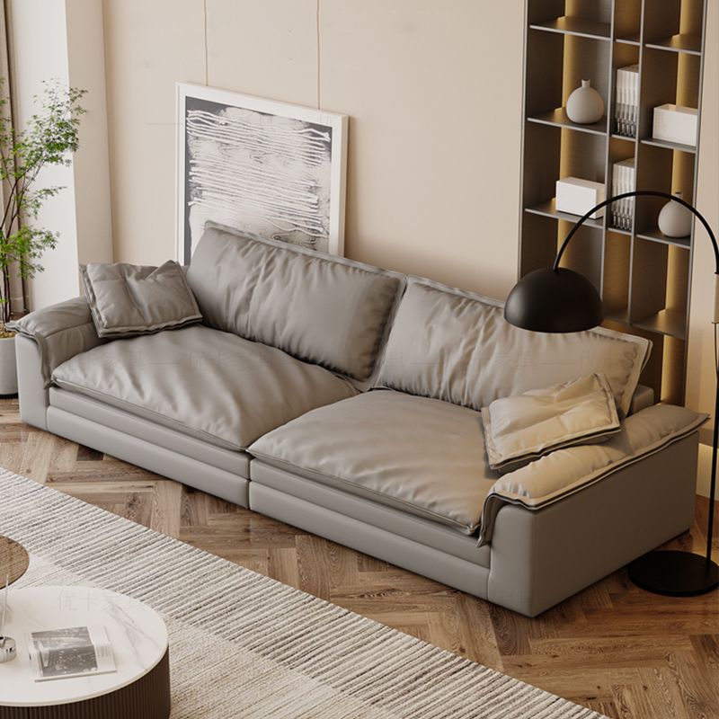 Grey Contemporary Faux Leather Pillow Top Arm Sofa with Loose Back for Living Room