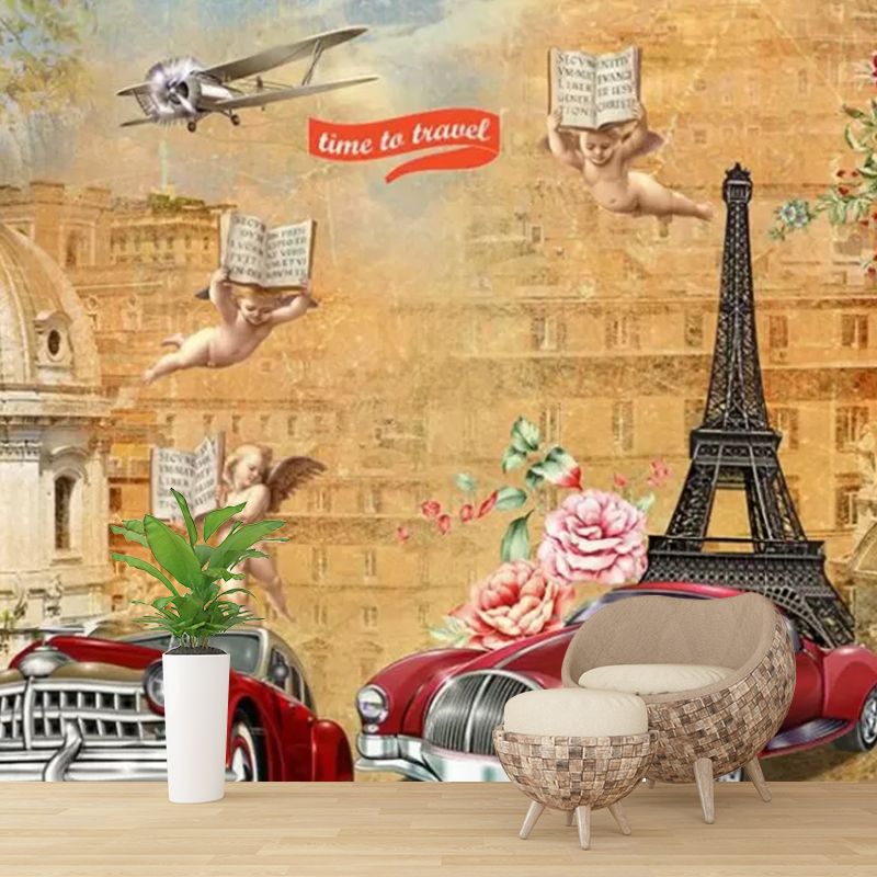 Enormous Illustration Minimalist Wall Mural for Home Decoration with Cars Design in Brown, Made to Measure