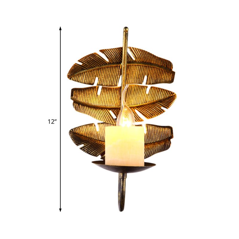 Vintage Leaf Sconce Lighting 1 Bulb Metal Wall Mounted Lamp Fixture in Brass with Cylinder Marble Shade