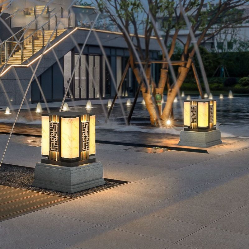 Metal Rectangle Waterproof Pillar Lamp Modern 1 Light Outdoor Light in Black