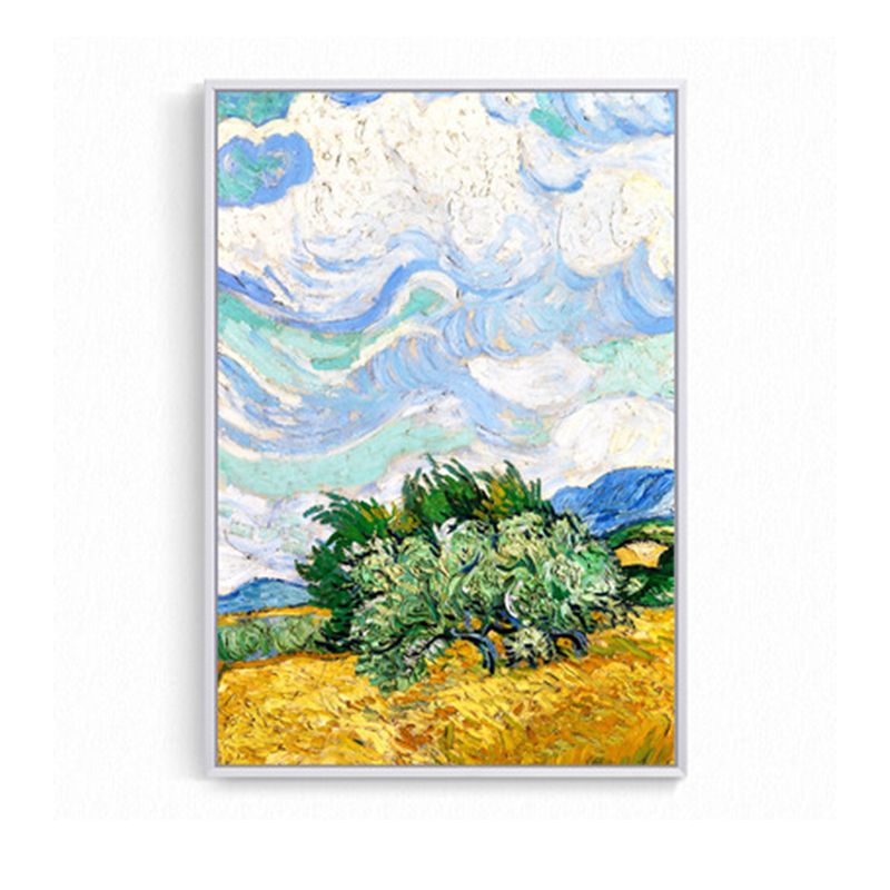 Farmhouse Autumn Wheat Field Painting Green-Yellow Van Gogh Wall Art for Home