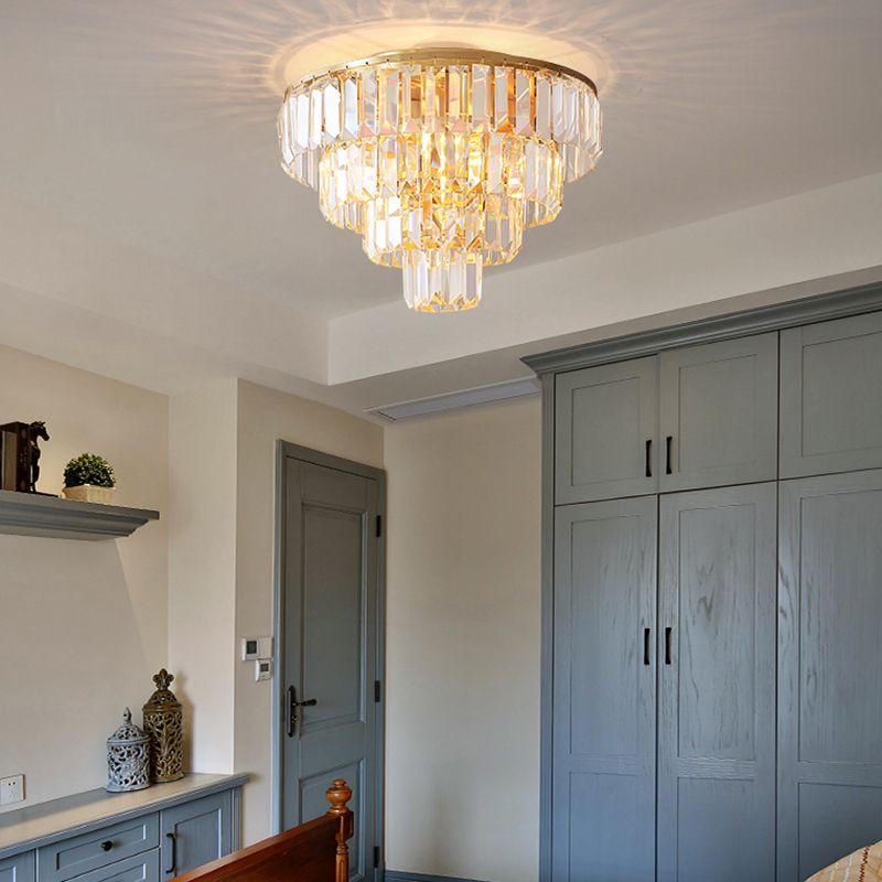 16"/19.5" Dia Tiered Flush Mount Lamp with Crystal Block Vintage 5/6 Heads Flush Ceiling Light in Gold