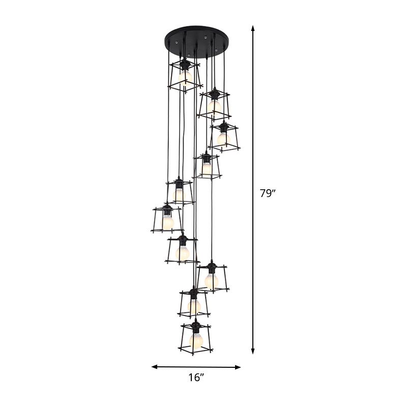 Cube Cage Stair Pendant Lighting Minimalist Metallic 10 Bulbs Black Multi Light Chandelier