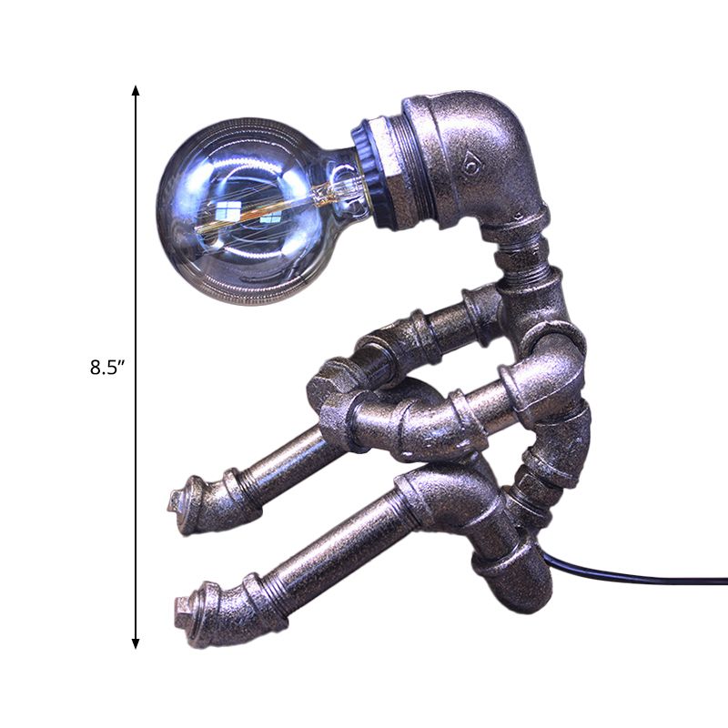 Metallic Silver Table Lighting Robot Pipe 1-Bulb Industrial Nightstand Light with Exposed Bulb Design