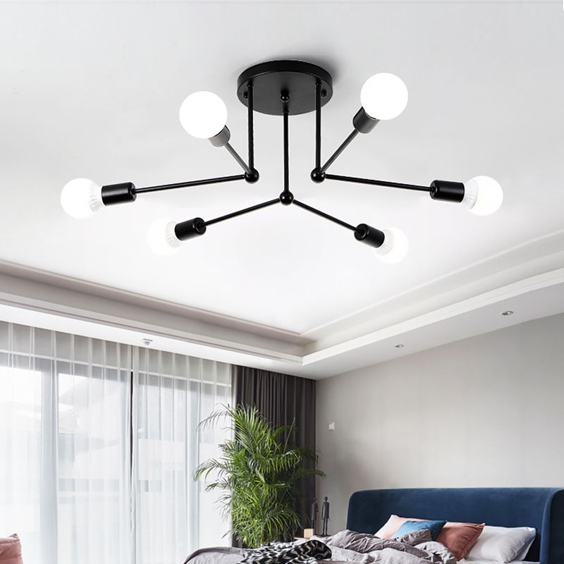 Luz semi empotrada radial de metal, iluminación contemporánea de 6 cabezales cerca del techo, en negro
