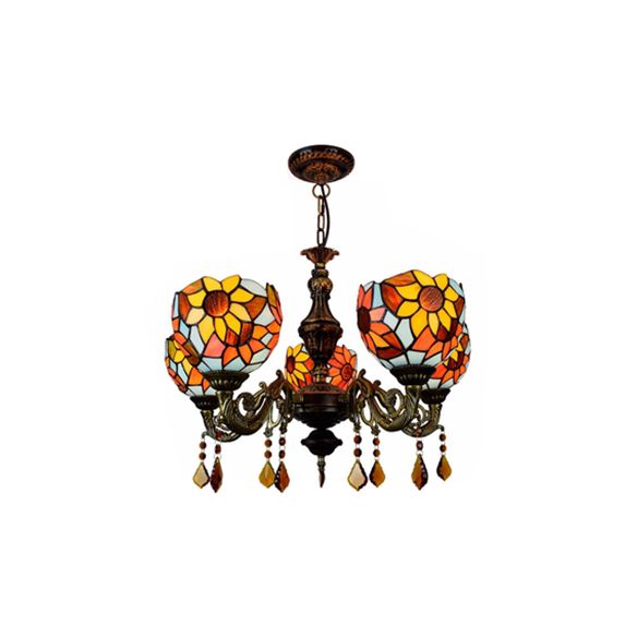 Lodge Dome Hanging Light Stained Glass 5 Heads Sunflower Chandelier with Crystal for Living Room