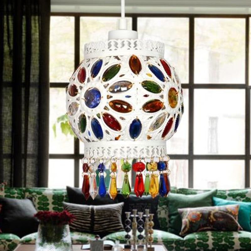 1 Light Pendant Ceiling Light Vintage Ball Metal Hanging Lamp in White for Bathroom