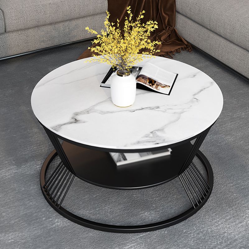Modern Slate Frame Coffee Table Open Shelf Round Cocktail Table in Black/White