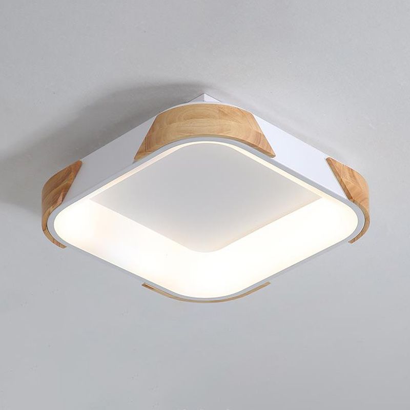 Macaron Square Flush Light Grey/White/Pink Wood LED Ceiling Light Fixture in Warm/White Light, 14"/18"/24" Wide