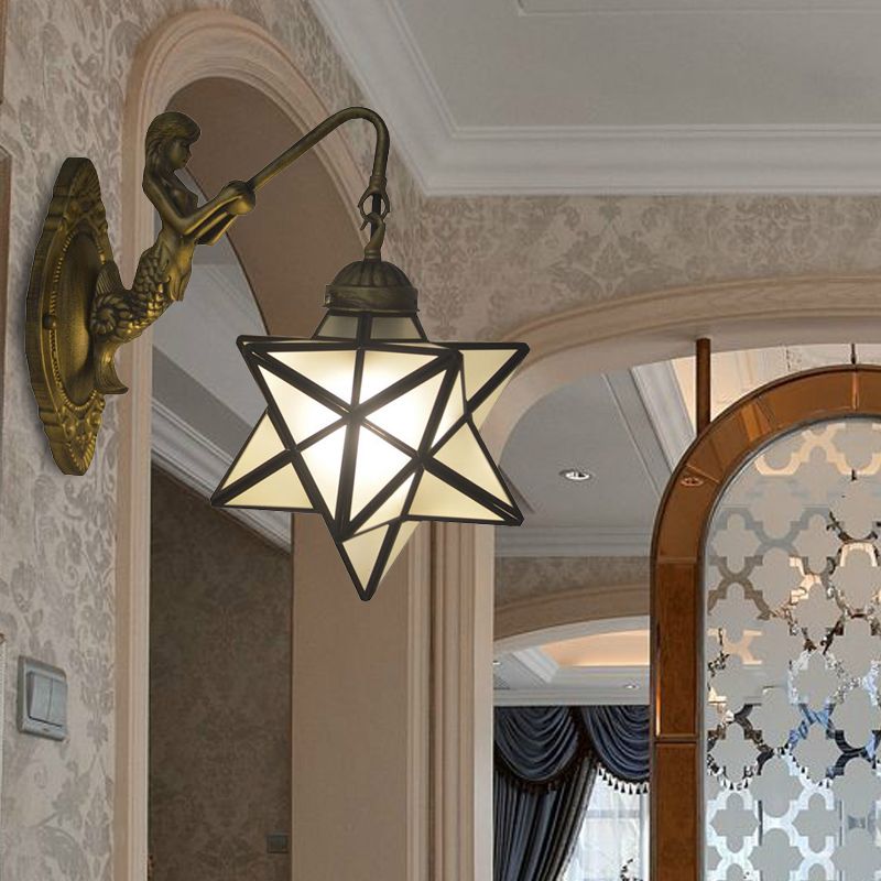 White Glass Star Sconce Lighting Tiffany 1 Head Antique Brass Wall Mount Light with Mermaid Backplate