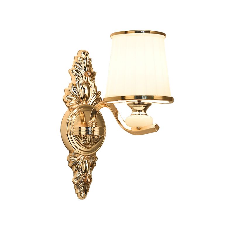 Cone Bedroom Wall Light Fixture Traditional White Glass 1/2-Bulb Chrome/Gold Finish Wall Sconce with Carved Backplate