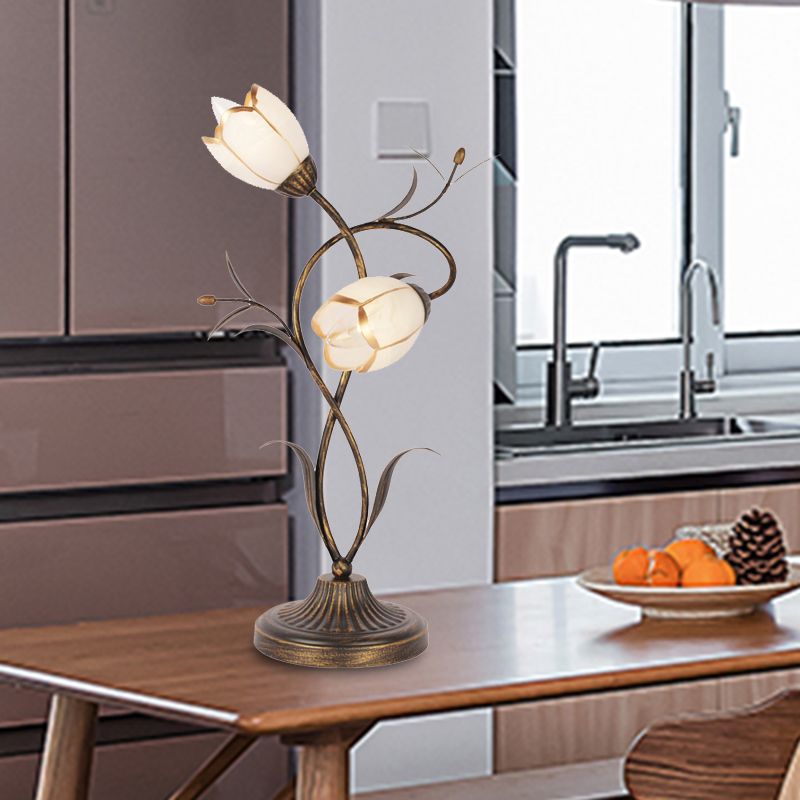2 Lights Bedroom Night Table Lamp Rural Brass Desk Light with Flower Opal Glass Shade