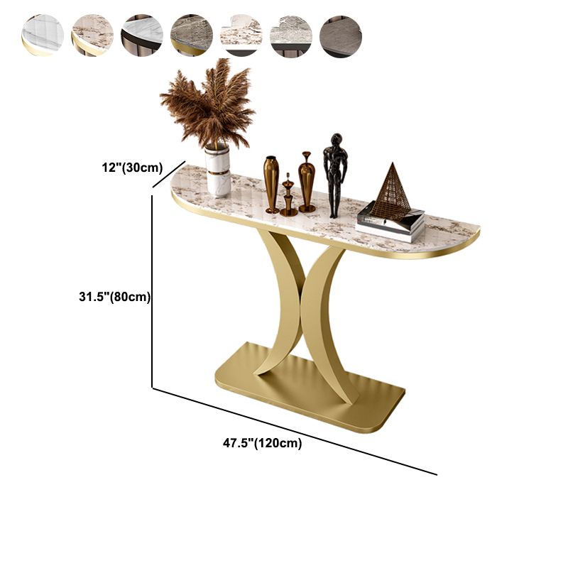 Glam Half Moon Accent Table with Stone Top and Iron Pedestal Base