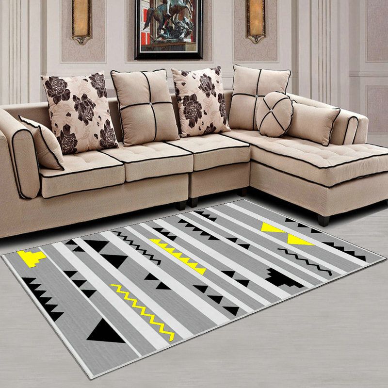 White Abstract Pattern Rug Polyester Modern Rug Washable Rug for Living Room