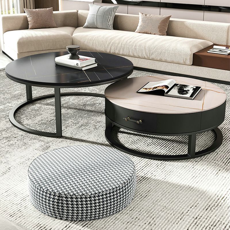 Round Slate Top Coffee Table Set Frame Cocktail Table with Storage Drawers