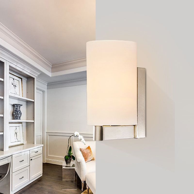 White Glass Cylinder Wall Lamp Modern 1 Light Chrome Sconce Light Fixture for Passage