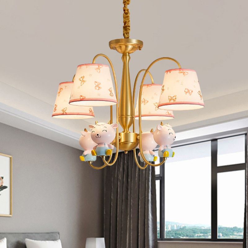 Fabric Barrel Shade Pendant Chandelier Kids 4-Light Ceiling Suspension Lamp with Sheep Decor in Gold