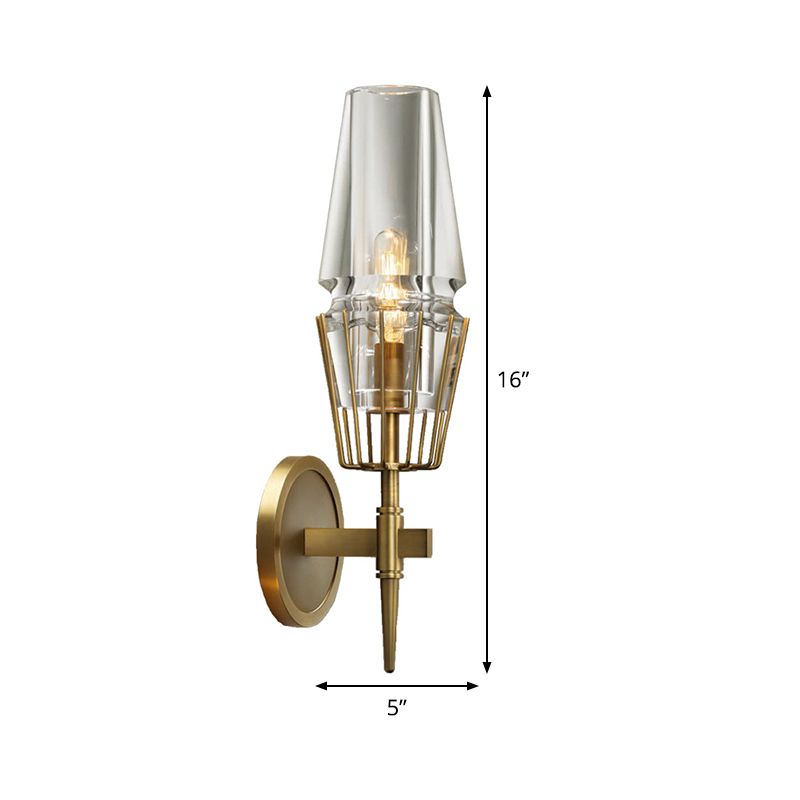 Clear Glass Tapered Sconce Lighting Colonial 1/2-Light Porch Wall Light in Gold with Metal Frame