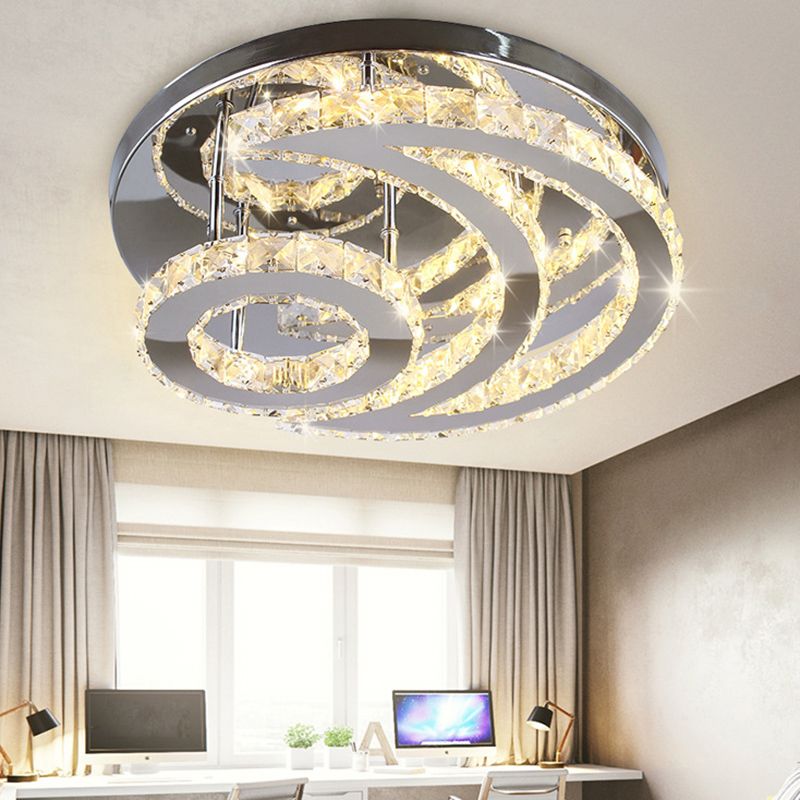 Lámpara de techo Crescent and Sun, moderna lámpara de techo de cristal biselado para dormitorio, montaje semiempotrado en plata