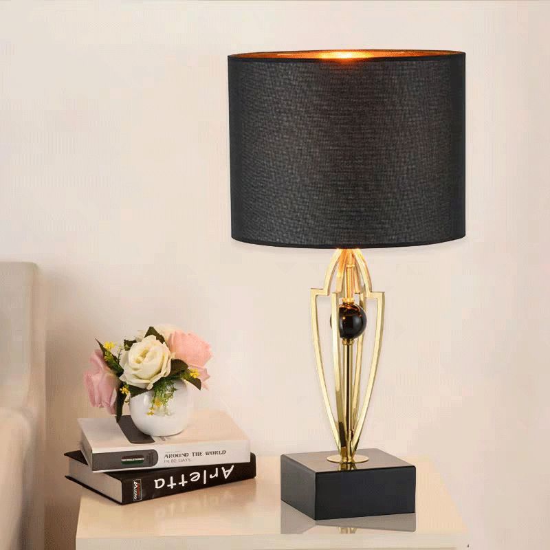 Fabric Drum Task Light Modernist 1 Bulb Black Small Desk Lamp with Square Marble Base
