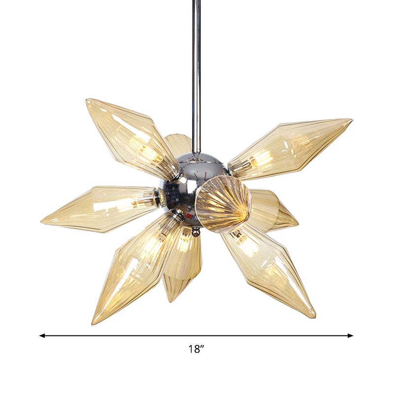 Tapered Pendant Chandelier Modernist Amber Ribbed Glass 9 Heads Dining Room Hanging Light Kit