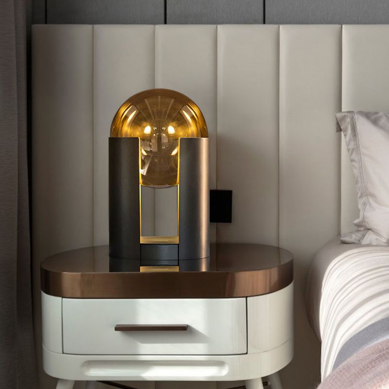 Black Cylindrical Table Light Postmodern 1 Bulb Amber Ball Glass Night Stand Lamp with Gap Design