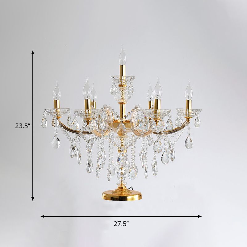 7 Bulbs Crystal Strand Night Table Lamp Traditional Gold Candelabra Bedroom Nightstand Light