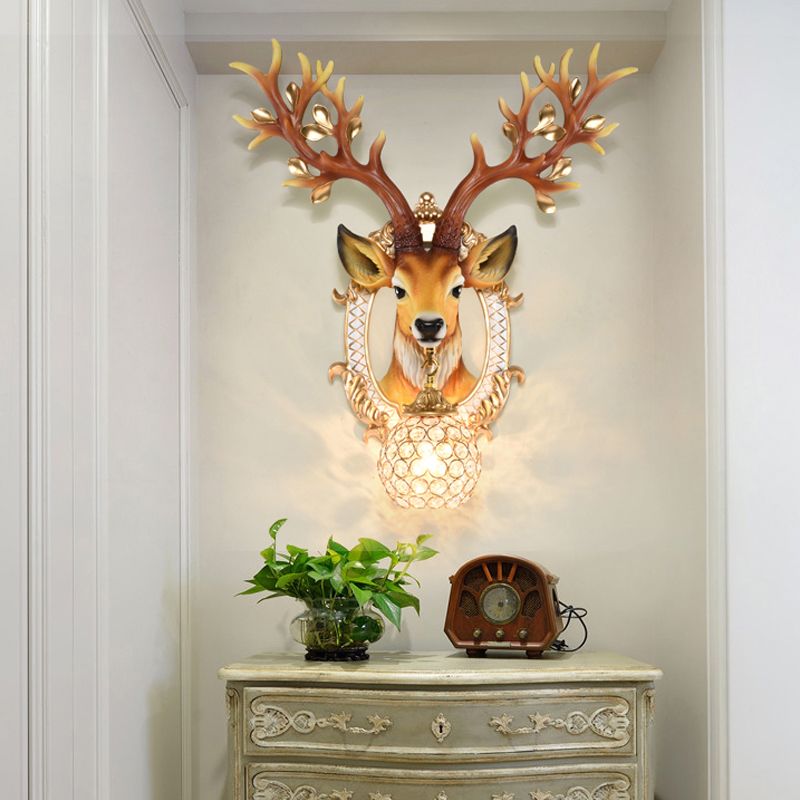 20"/24" W 1 Light Resin Wall Lamp Classical Style Silver/White/Gold Deer Head Shaped Living Room Sconce Light with Globe Crystal Shade