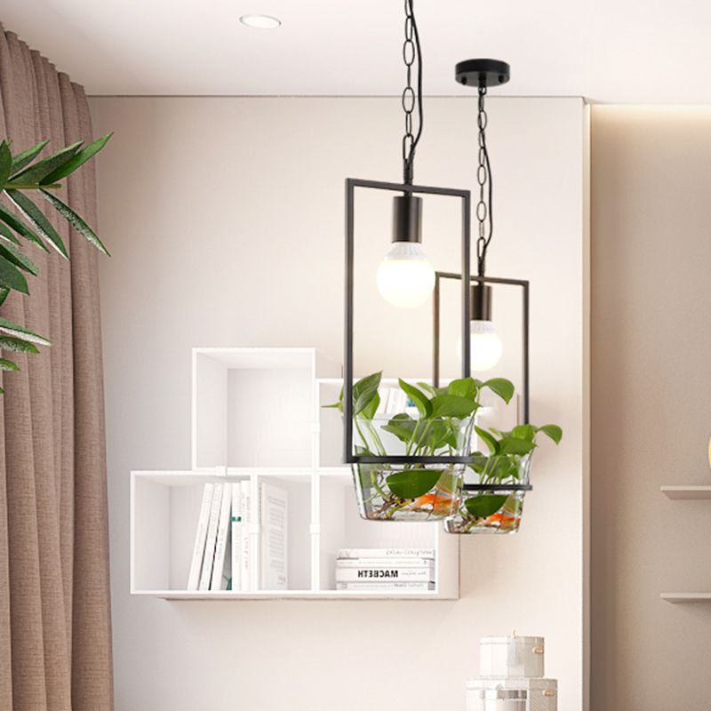 8"/15" W Rectangle Restaurant Drop Lamp Industrial Metal 1 Head Black LED Hanging Light Fixture