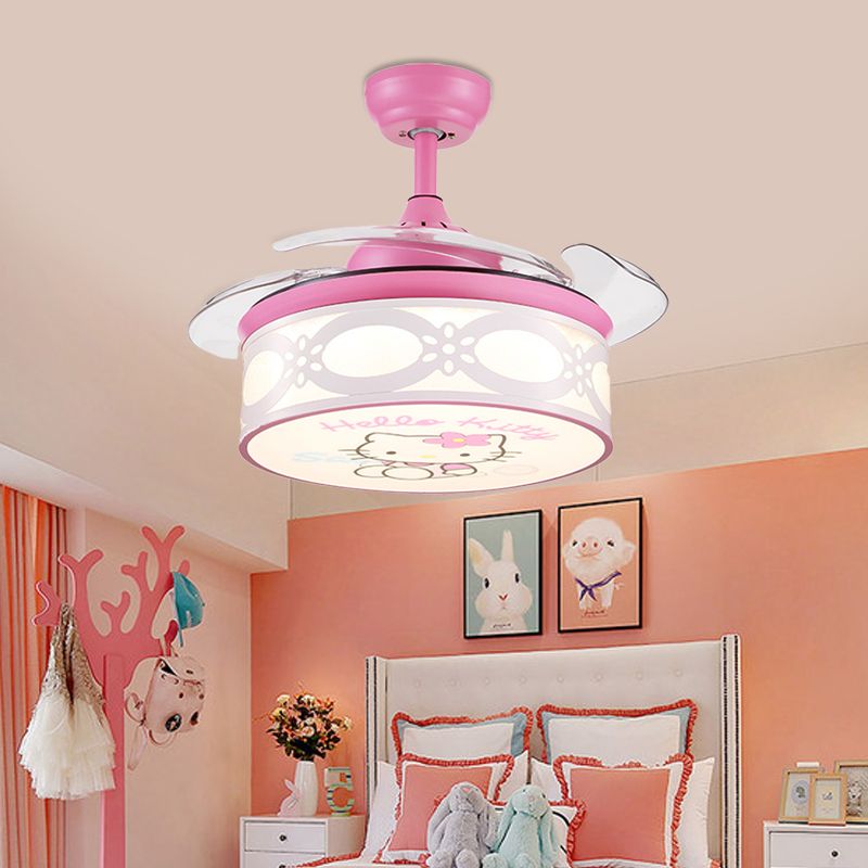 4 lames tambour semi-flush lampe d'enfants en métal chambre 36 "W LED suspendu ventilateur de pendentif léger en blanc / rose avec motif de chat de dessin animé, télécommande / mur et télécommande