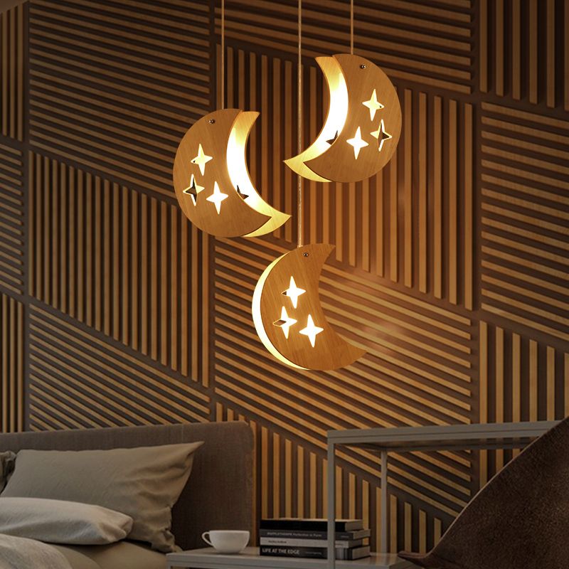 Hollowed-out Wooden Multi Pendant Light Minimalist 3-Bulb Beige Hanging Light for Dining Room