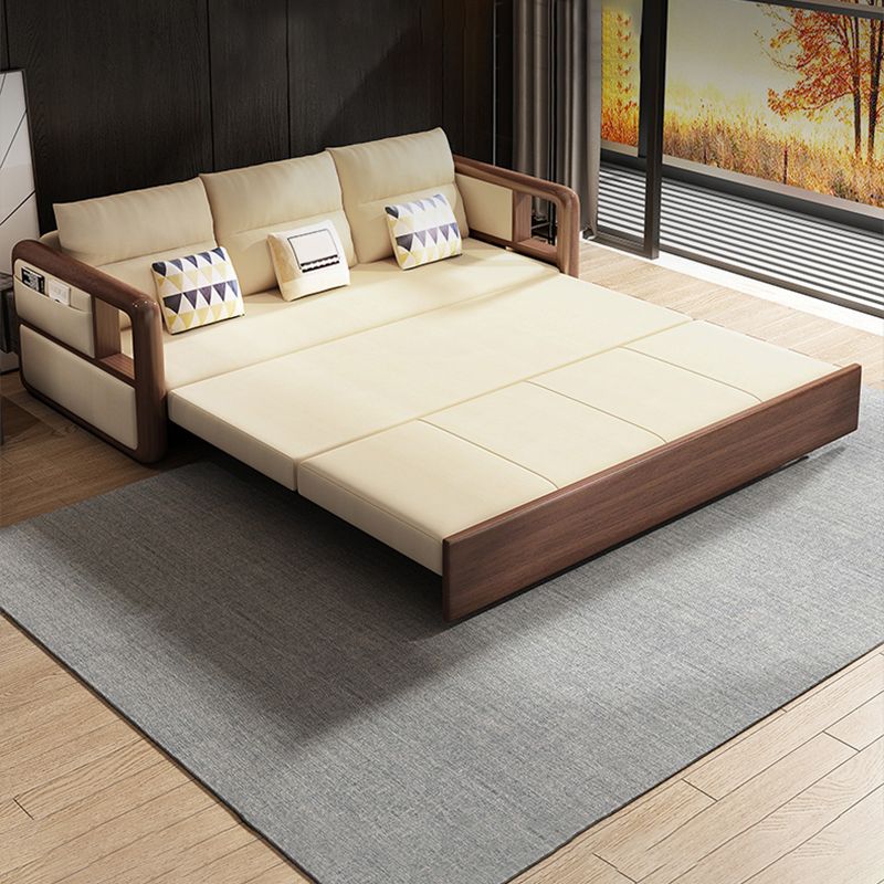 Modernism Brown Fabric Sofa Bed Solid Wood Sofa with Storage