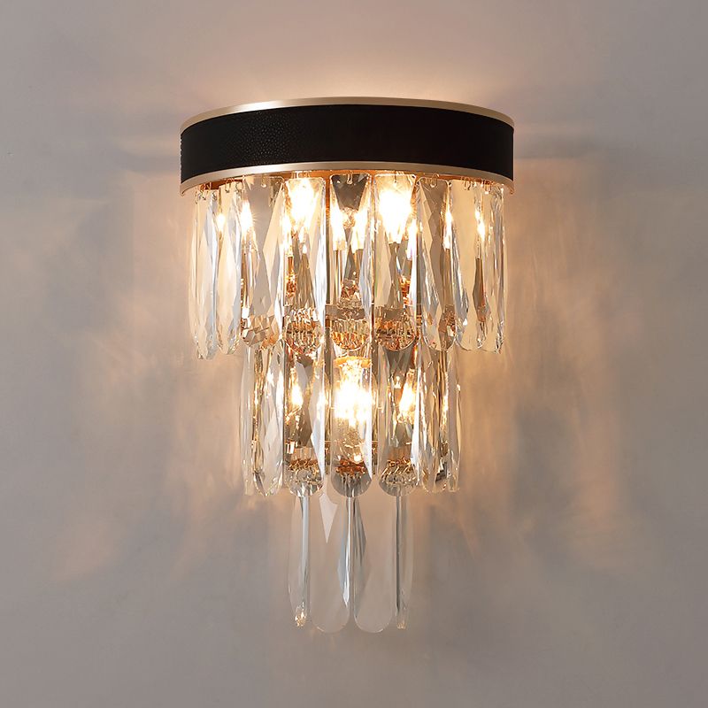 Minimalist 3-Bulb Flush Wall Sconce Black 3-Tier Wall Lighting with Crystal Shade