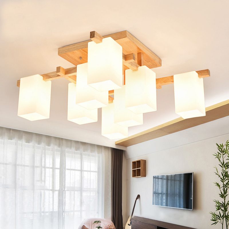 Square Semi Flush Light Modern Wood Living Room Flush Mount Ceiling Chandelier with Rectangle White Glass Shade