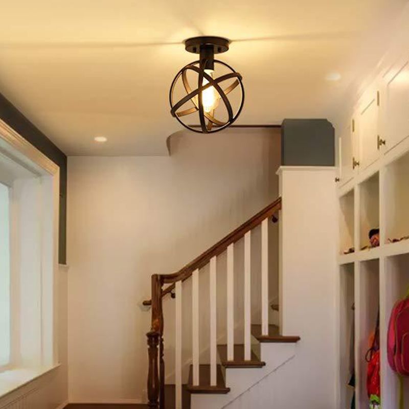 Black Globe Semi Flush Mount in Industrial Vintage Style Shone Stiil Light per corridoio