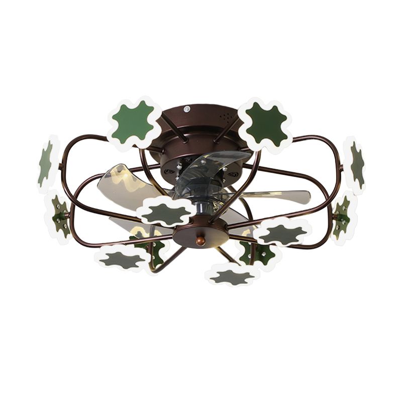 Cage de fleur LED Semi Flush Plafond ventilateur macaron fer 5-lame 23,5 "W chambre semi-flustion Mount Lumière avec décoration croix en gris / blanc / café