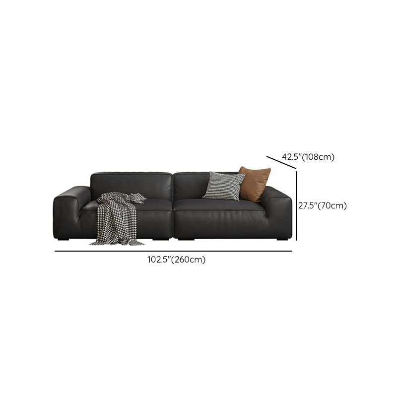 Contemporary Black Genuine Leather Square Arm Sofa with Pillows
