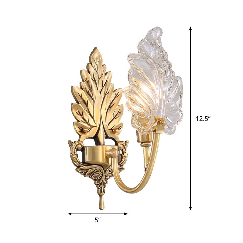 Lampada con foglie di palme tradizionale 1/2 luci trasparenti l'illuminazione della parete di vetro con braccio arcuato in ottone