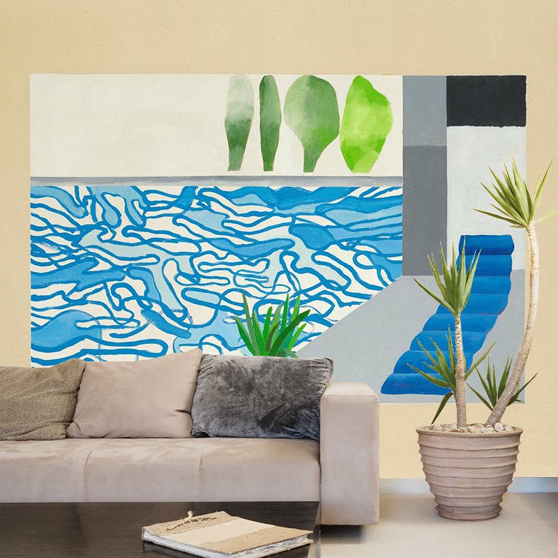 Blue-Green Swimming Pool Murals David Hockney Painting Artistic Waterproof Wall Decoration