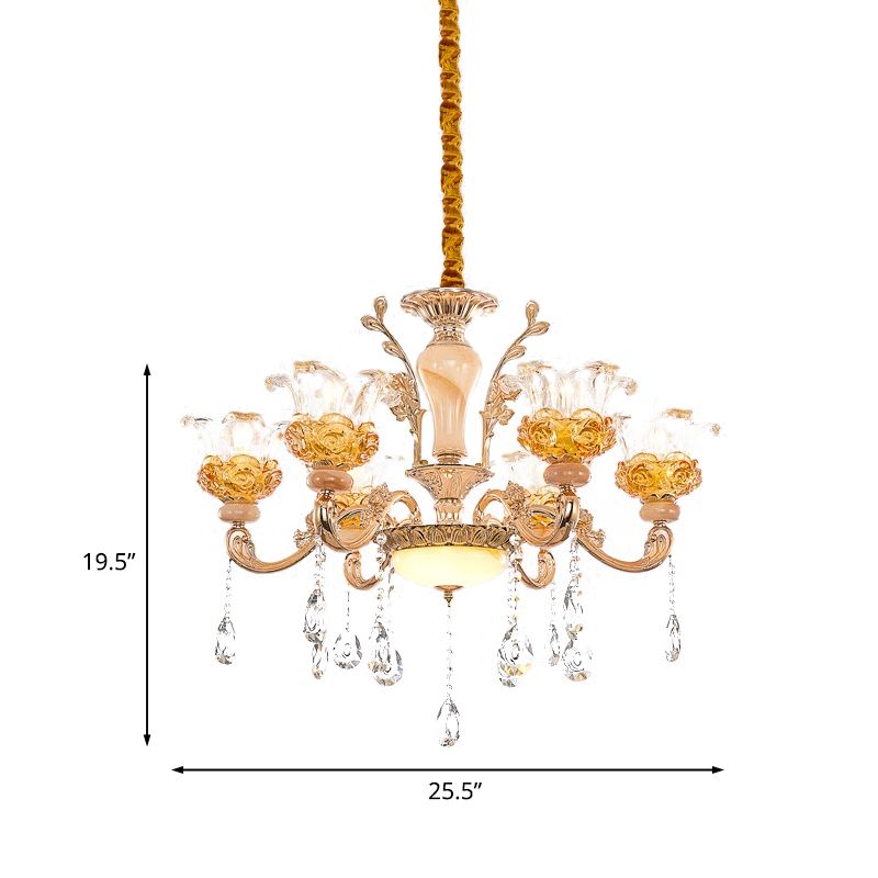 Sospensione del soggiorno floreale Lumo contemporaneo in vetro trasparente Crystal 6 lampadina lampadina in oro rosa