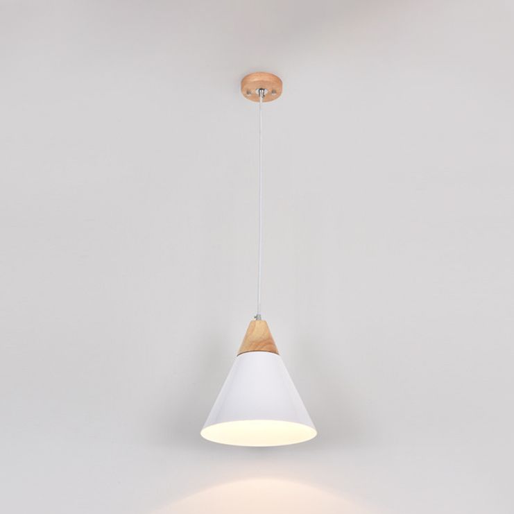 Modern Nordic Macaron Pendant Light Wooden Tapered Hanging Lamp with Wrought Iron Shade
