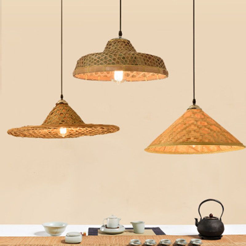 Houten strohoed gevormde hanglamp Aziatische stijl 1 bol bamboe hangende lamp armatuur