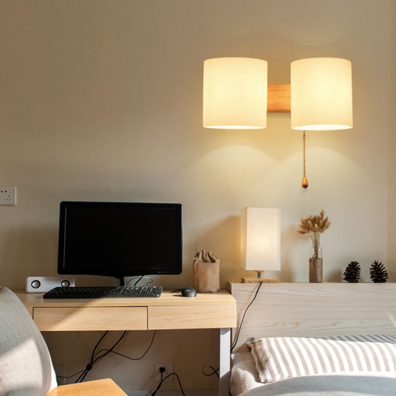 Modern Concise Cylindrical Wall Light Wooden Indoor Wall Lamp with White Glass Shade