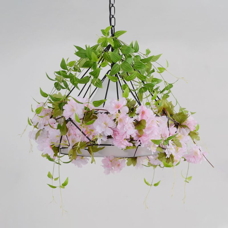 16.5"/19.5" W Black Diamond Cage Suspension Light Vintage Iron 1 Light Flower Restaurant Pendant with Fabric Shade