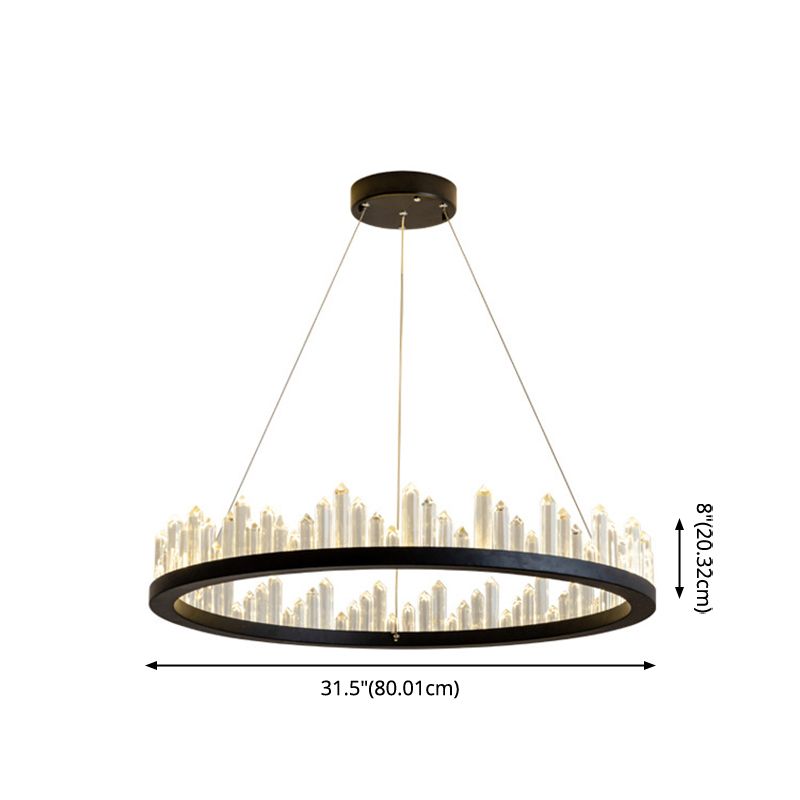Black Circular LED Pendant Light in Modern Luxury Style Wrought Iron Hanging Lamp with Crystal Shade