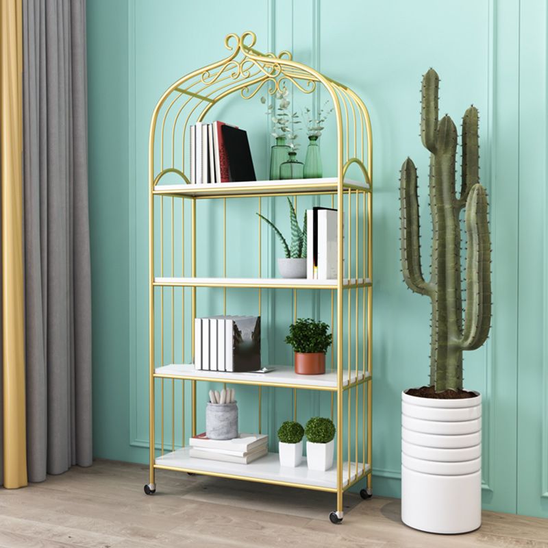 Gold Vertical Bookshelf Iron Frame Solid Wood Shelf Bookcase with Caster Wheels