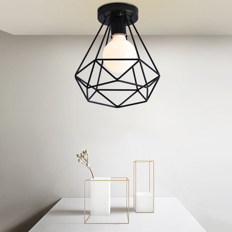 Black Close to Ceiling Lighting Industrial Metal Cage Diamond Ceiling Light Fixture