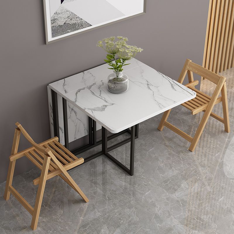 Foldable Artificial Wooden Top Dining Table Extendable Rectangle Table with Trestle Base
