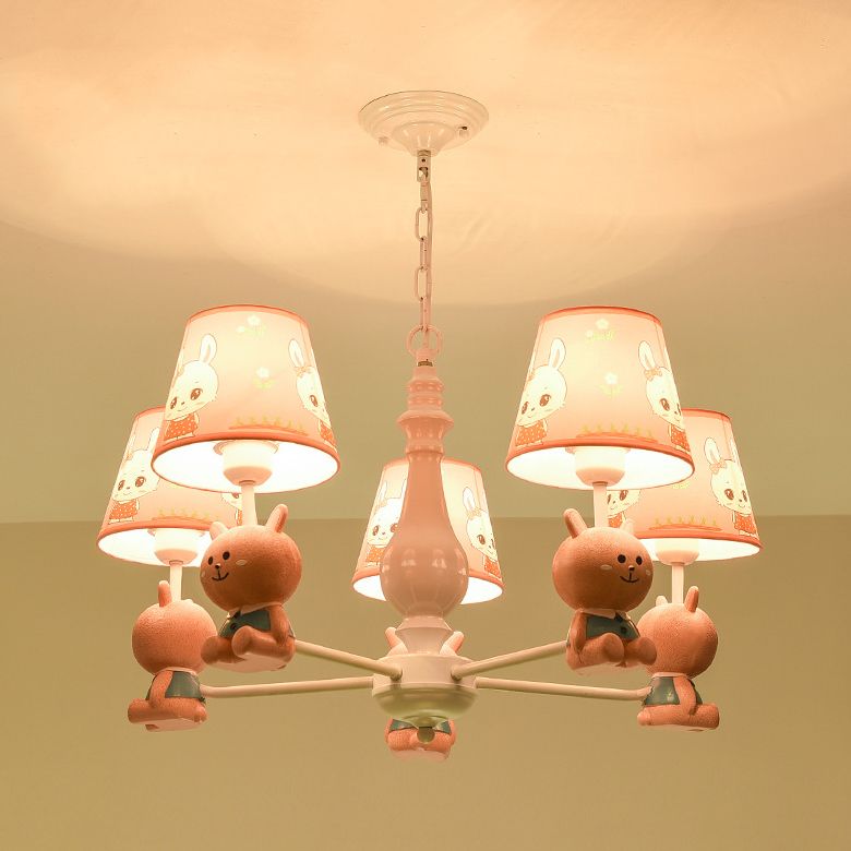 Girls Bedroom Bunny Hanging Lights Metal Animal Pink Pendant Light with Fabric Shade